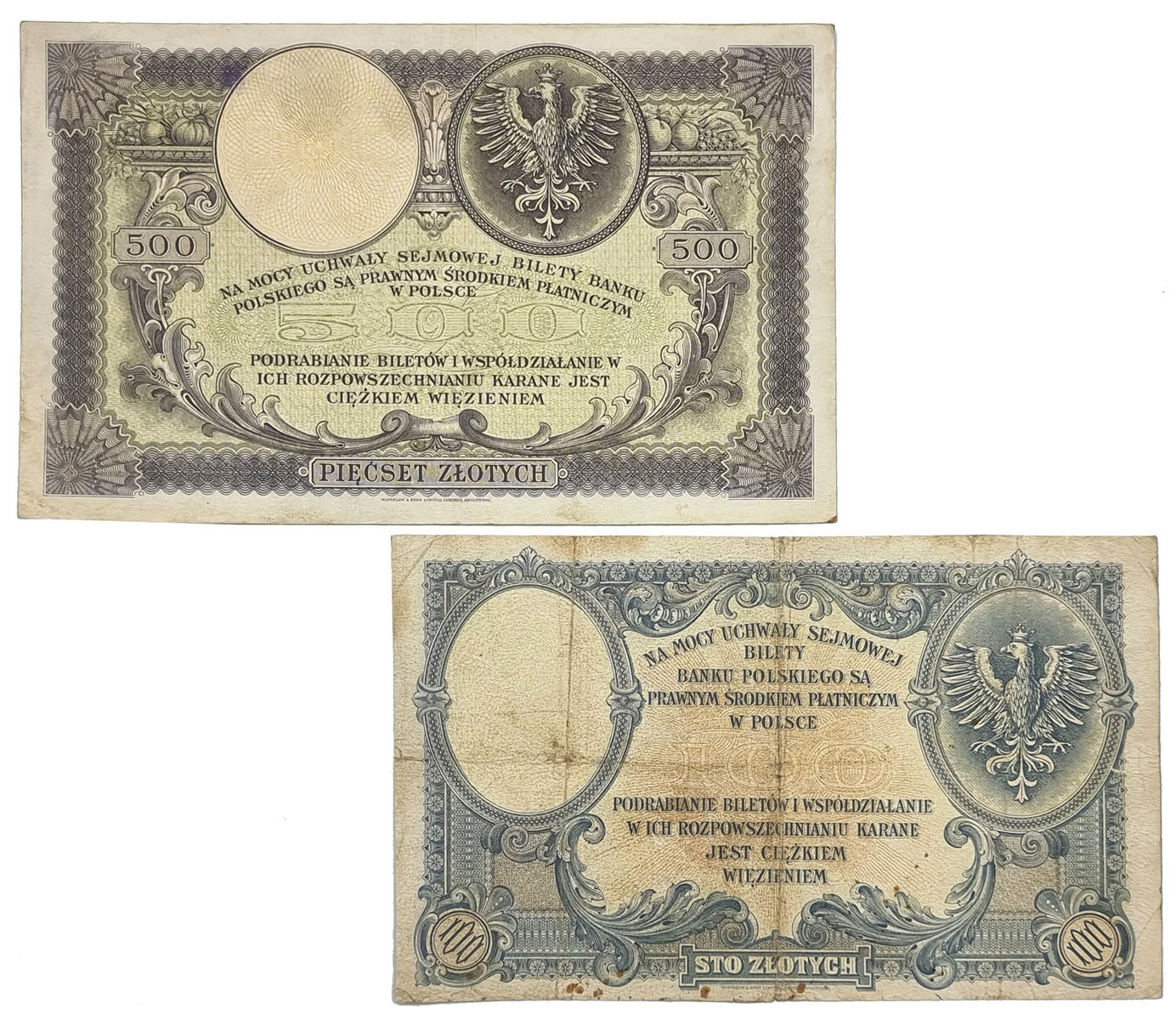 100 złotych 1919 seria B i 500 złotych 1919 seria A